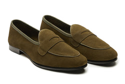 Belgian Loafers With Penny Saddle In  Olive Suede