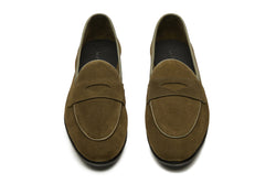 Belgian Loafers With Penny Saddle In  Olive Suede