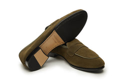 Belgian Loafers With Penny Saddle In  Olive Suede