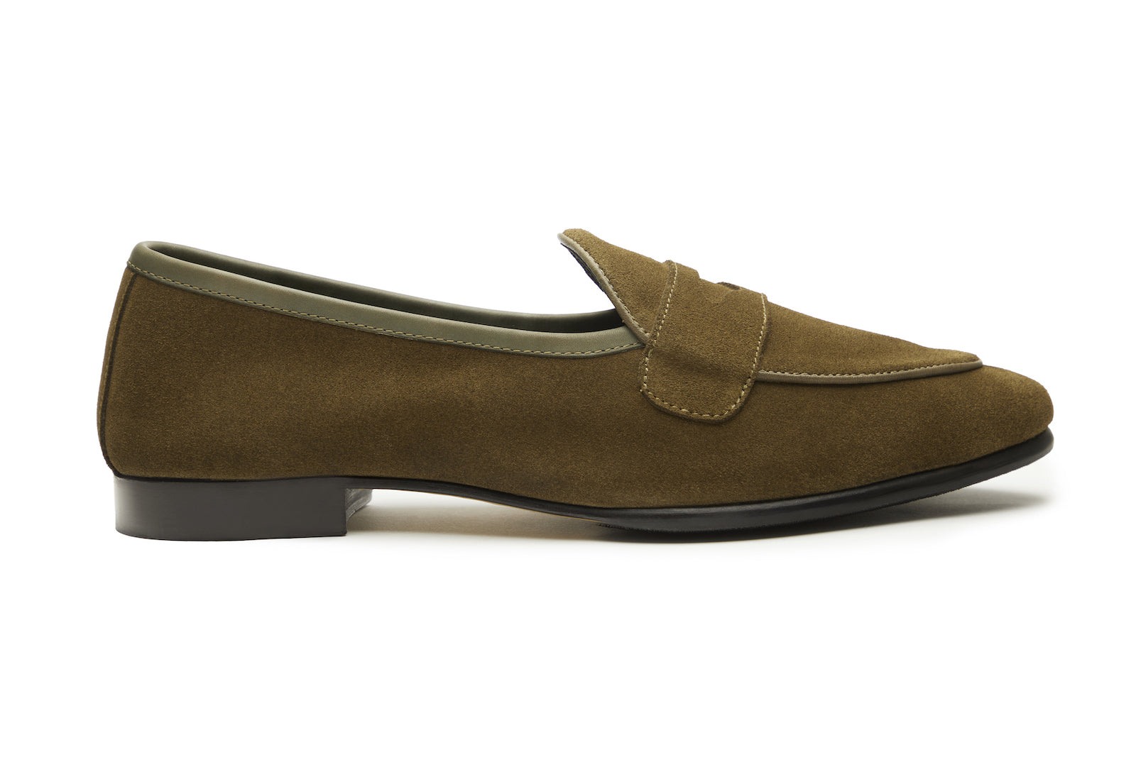 Belgian Loafers With Penny Saddle In  Olive Suede