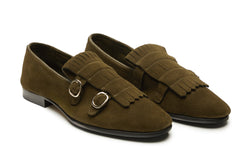 Double Monk Fringe Loafer In Olive Suede