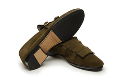 Double Monk Fringe Loafer In Olive Suede