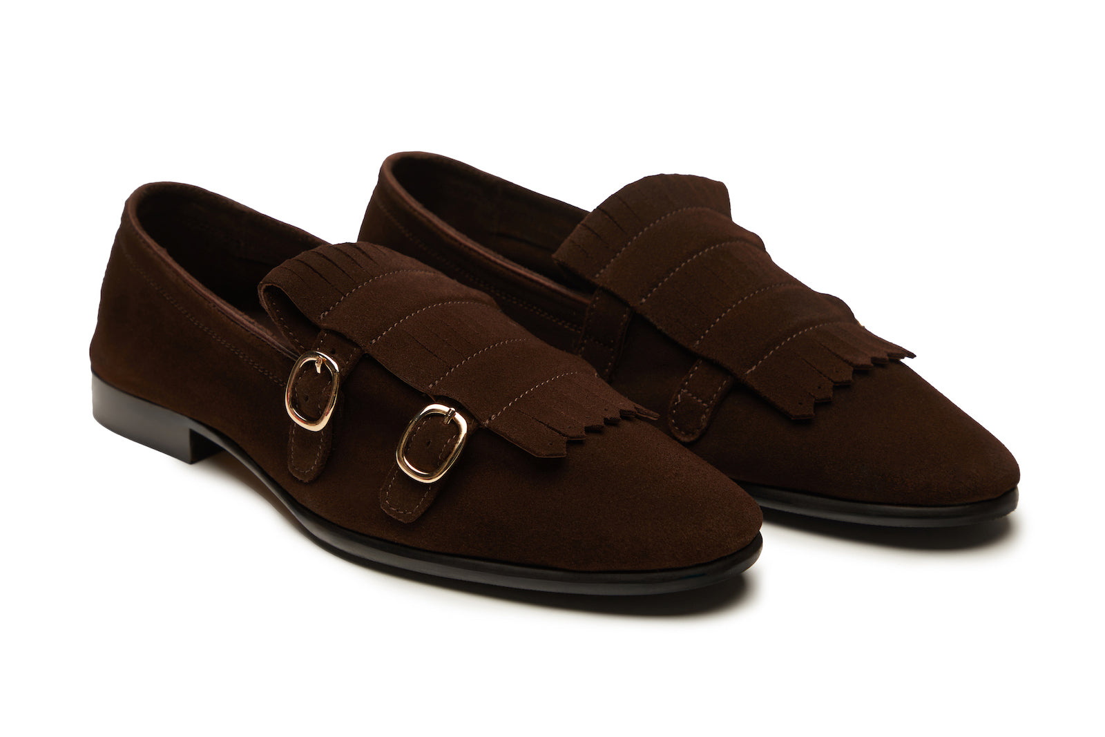 Double Monk Fringe Loafer In Brown Suede